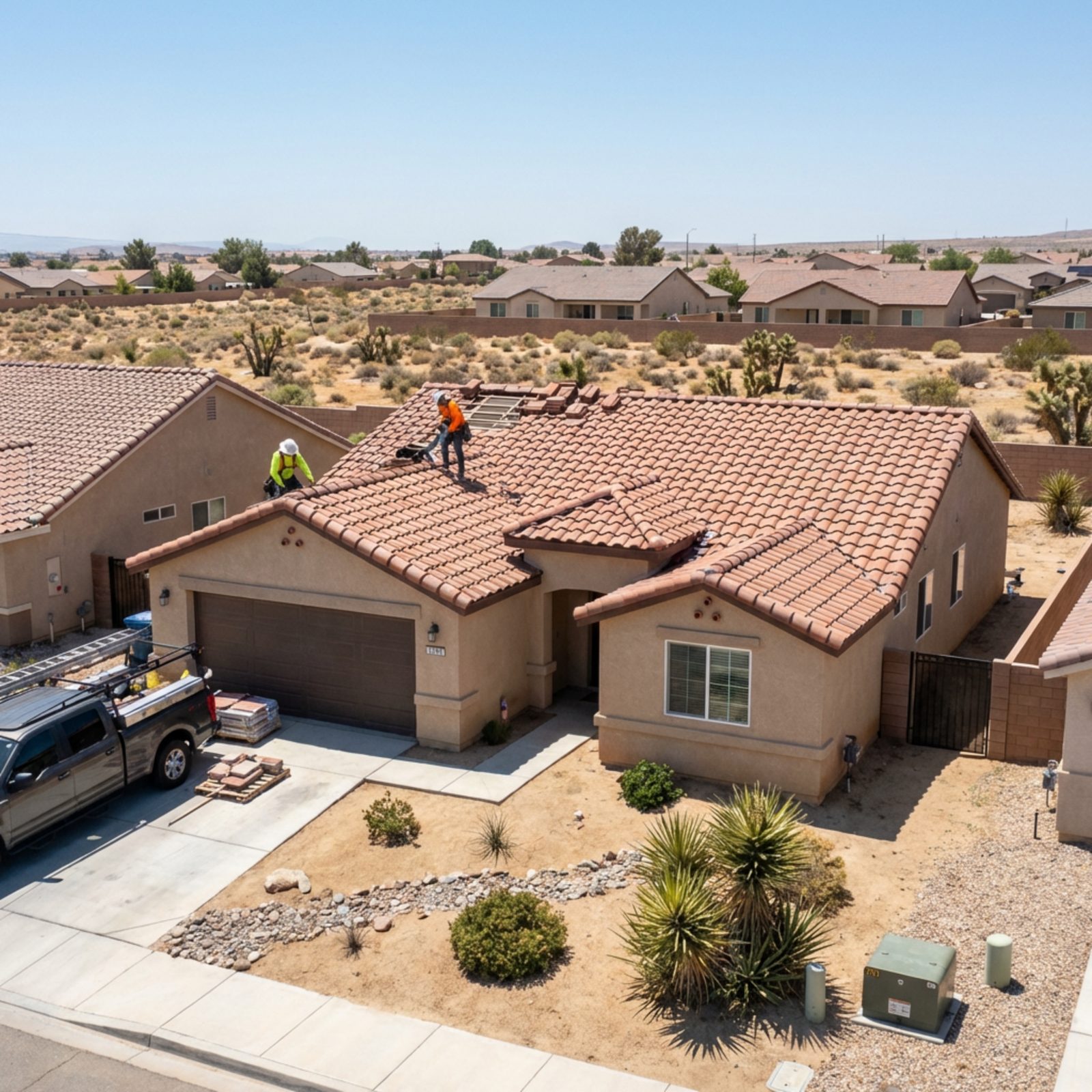 Emergency roof repair project on a home in Lancaster, California