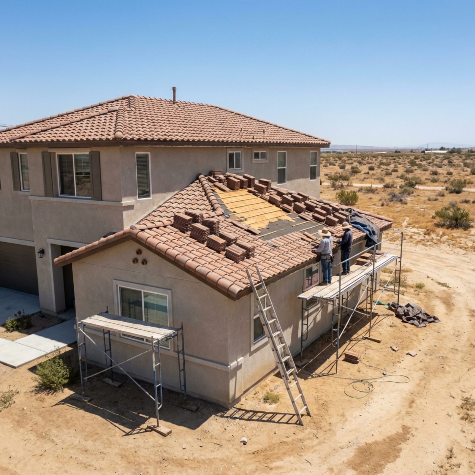 Roofing crew working on a home in Lancaster, California