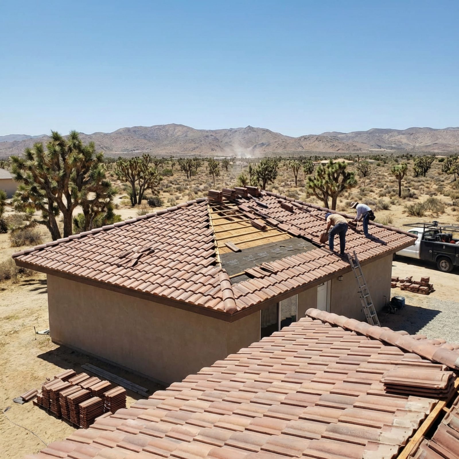 Tile roof underlayment repair on a home in Lancaster, California